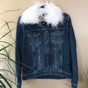Paige distressed denim jacket with faux fur collar